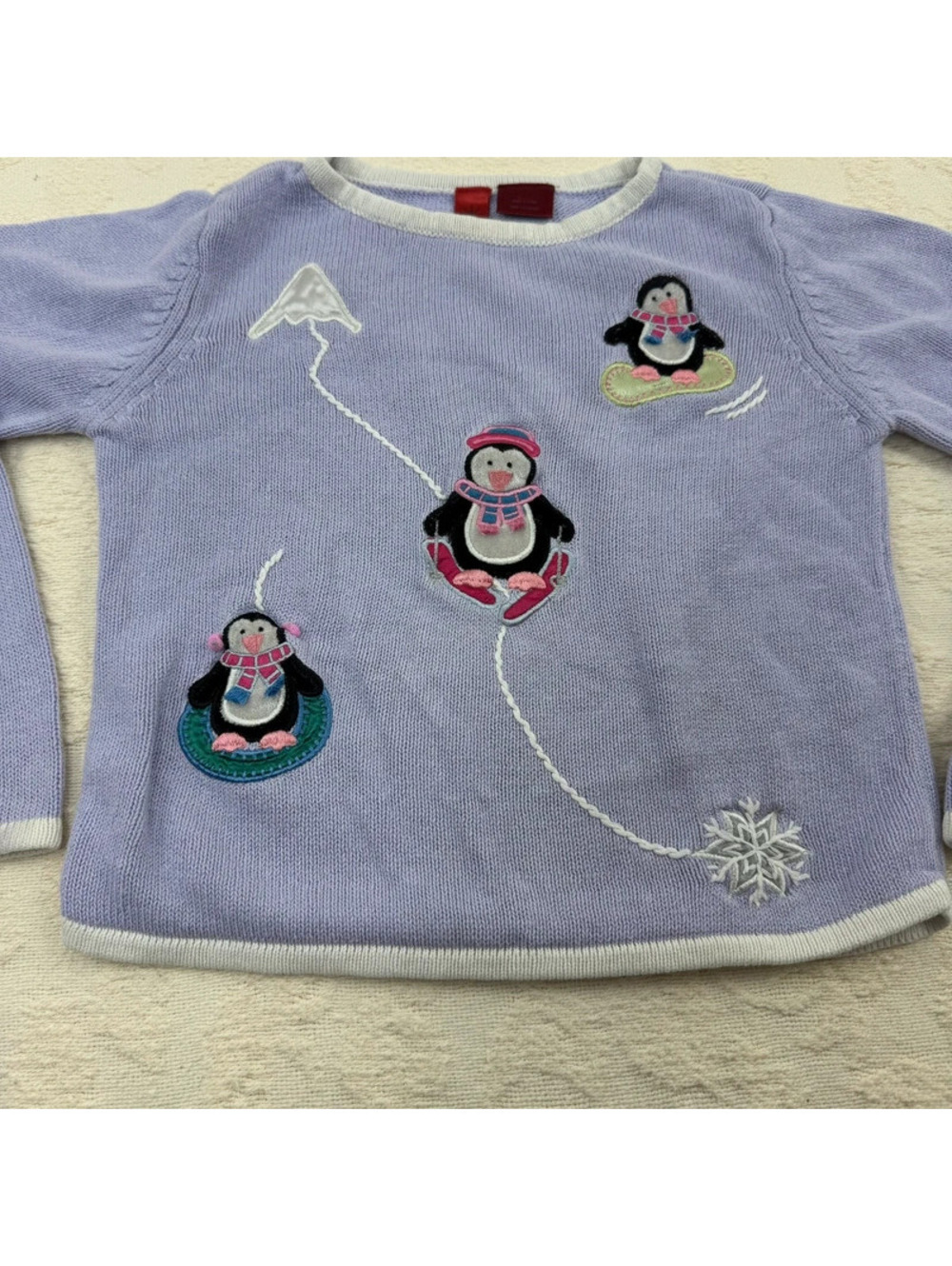 Girls M Y2K Style Purple Penguin Sweater Sledding Snow Winter Ski - Picture 2 of 7